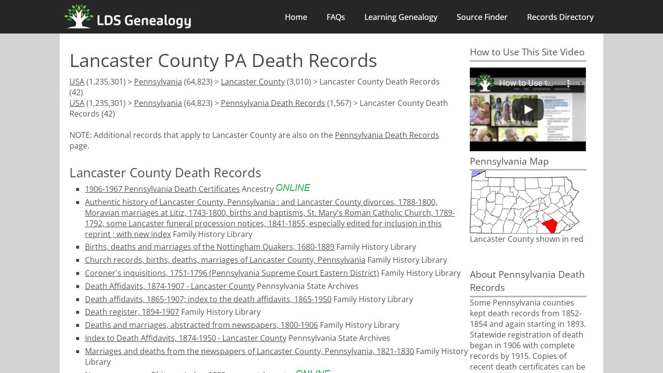 Lancaster County PA Death Records - LDS Genealogy