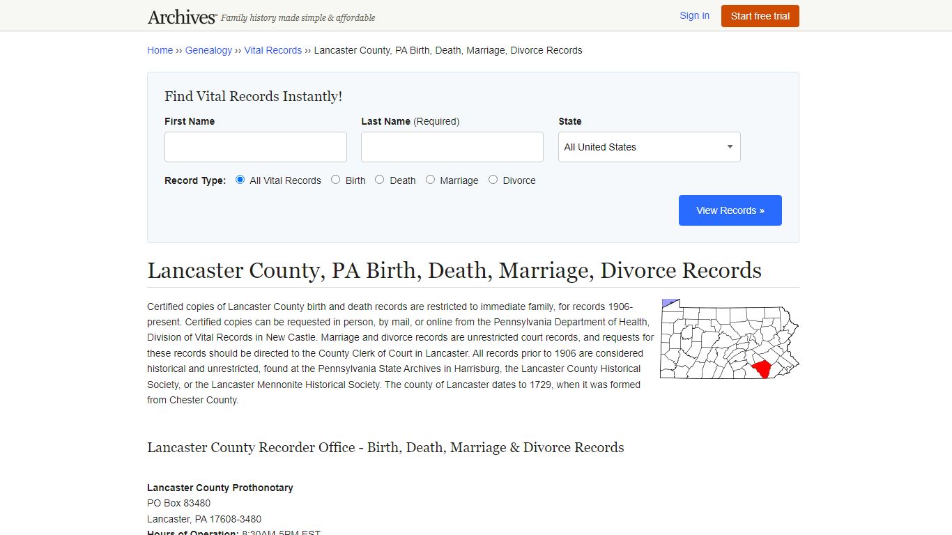 Lancaster County, PA Birth, Death, Marriage, Divorce Records